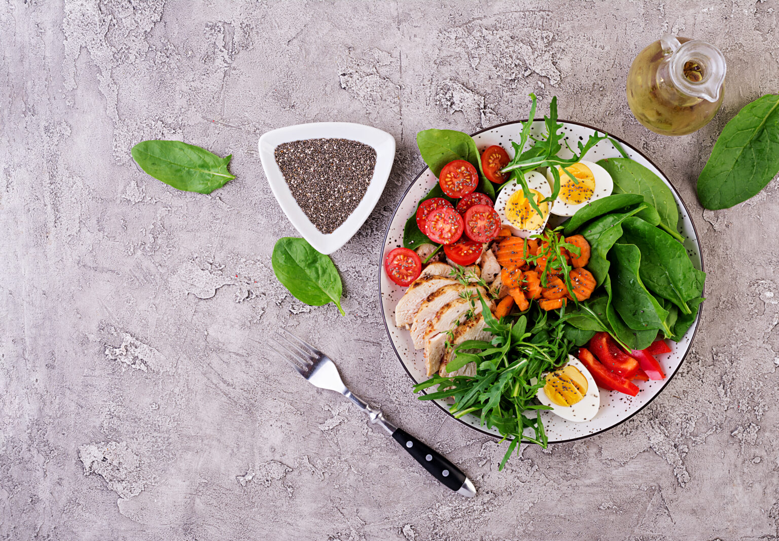 Plate With Keto Diet Food Cherry Tomatoes Chicken Breast Eggs Carrot Salad With Arugula Spinach Keto Lunch